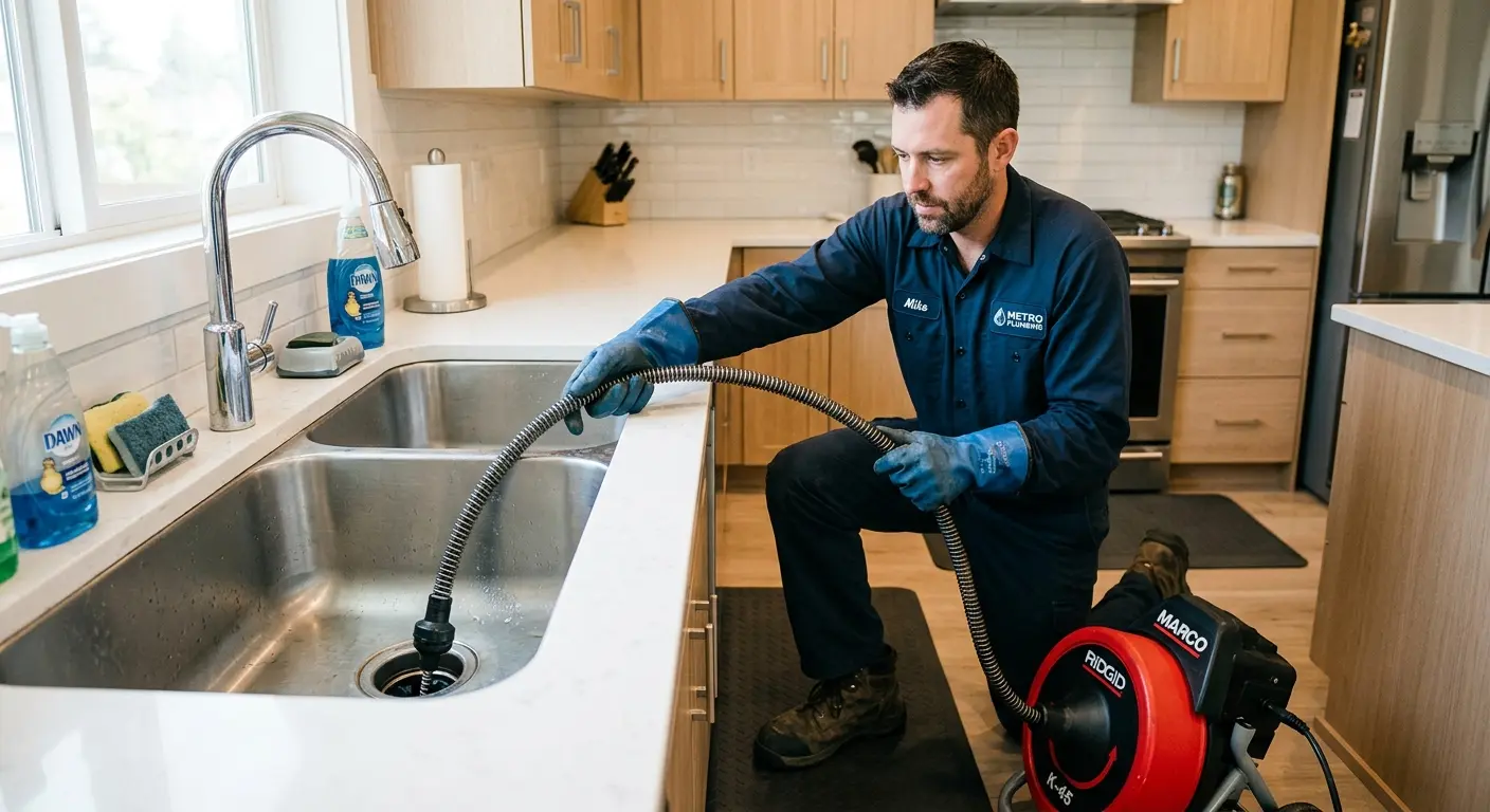 Drain cleaning technician using a motorized snake on a kitchen sink in Sarasota Springs
