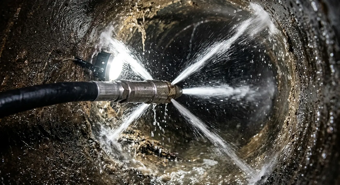 High-pressure hydro jetting nozzle cleaning sewer pipe for Trenchless Sewer Repair in Sarasota Springs