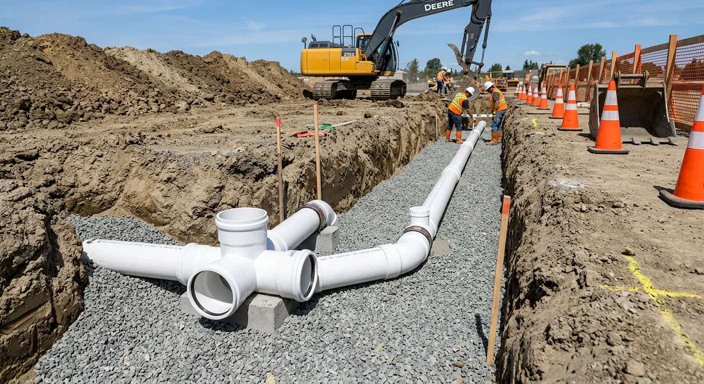 New PVC sewer pipe installation in open trench for Sewer Backup in Sarasota Springs